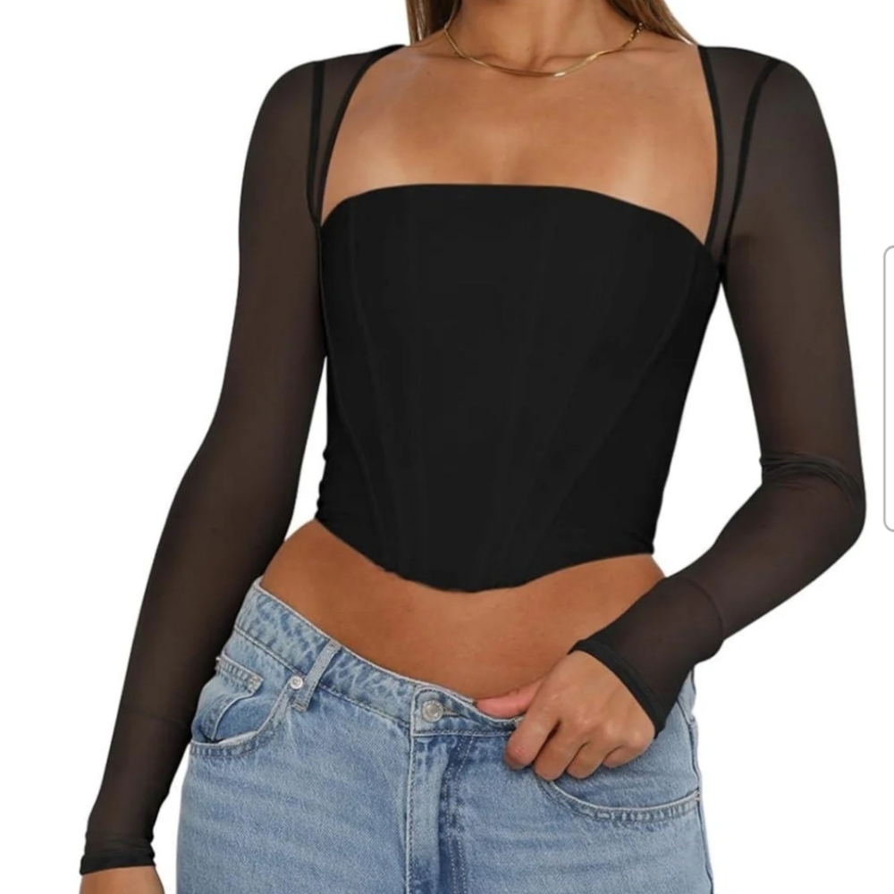 Reoria Corset Top With Mesh Sleeves